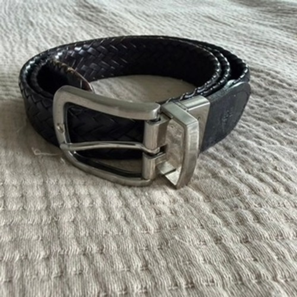 Nautica Braided Leather Belt Mens 36 Black Brown Woven Silver Tone Buckle